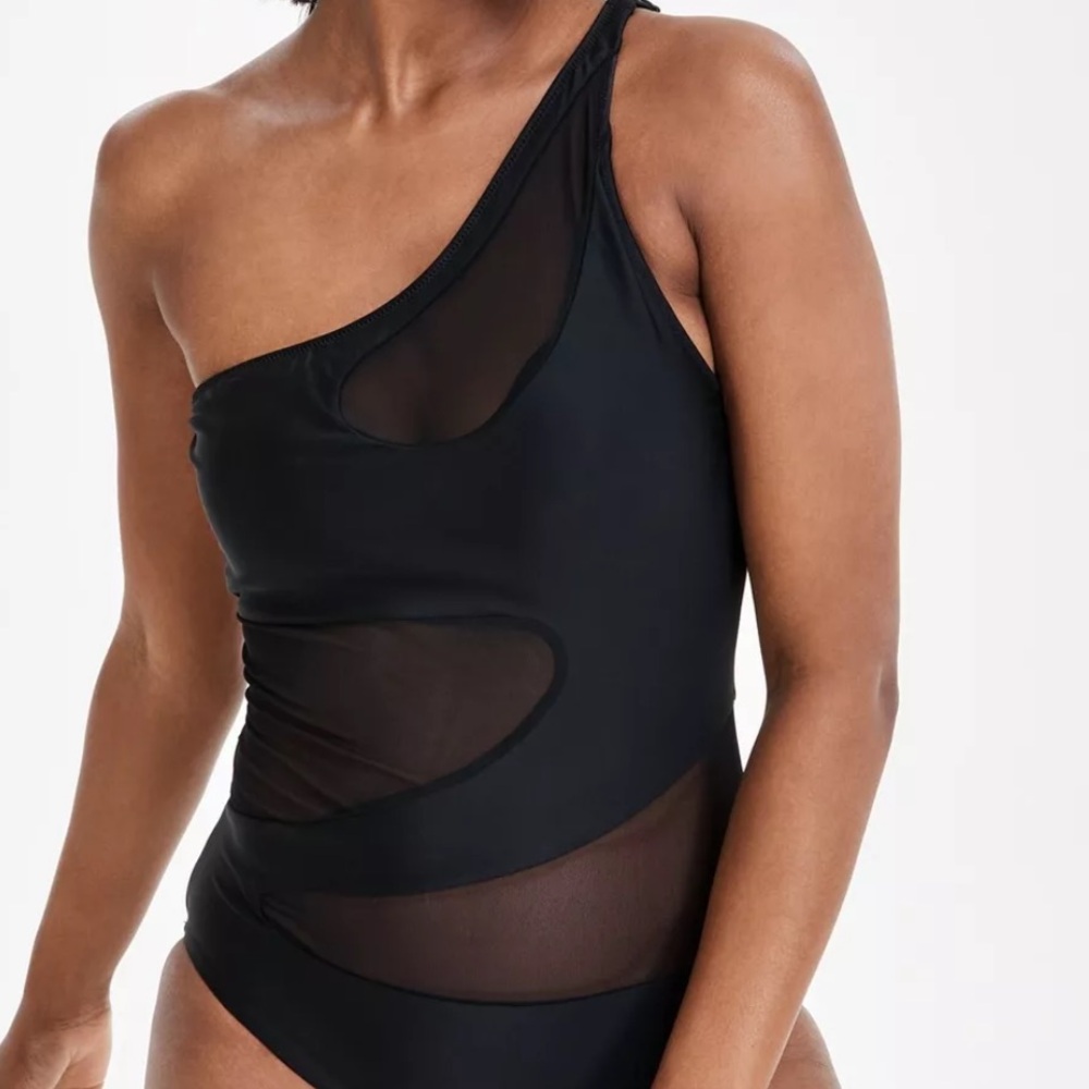 Bar III Natural Beauty cut out mesh one shoulder once piece swimsuit NWT XS